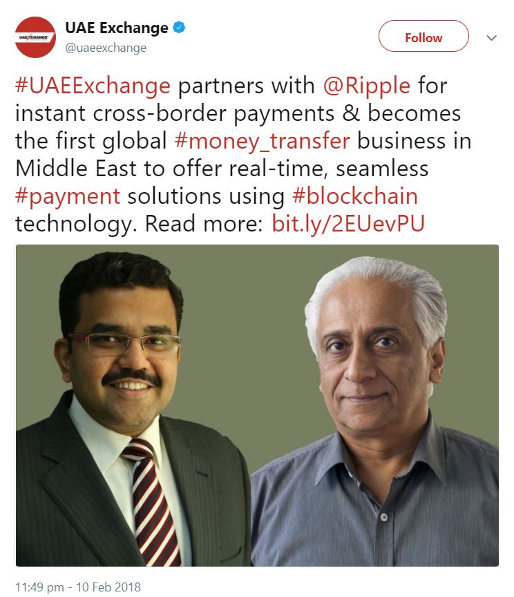 UAE Exchange Ripple Partnership Twitter Announcement