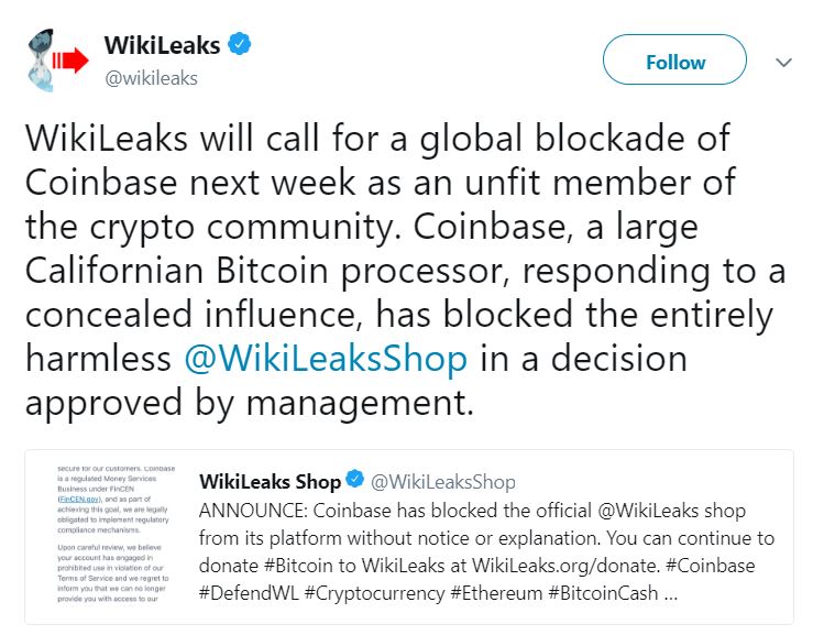 Wikileaks' Coinbase Account Suspended