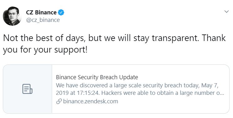 Binance Hacked Tweet