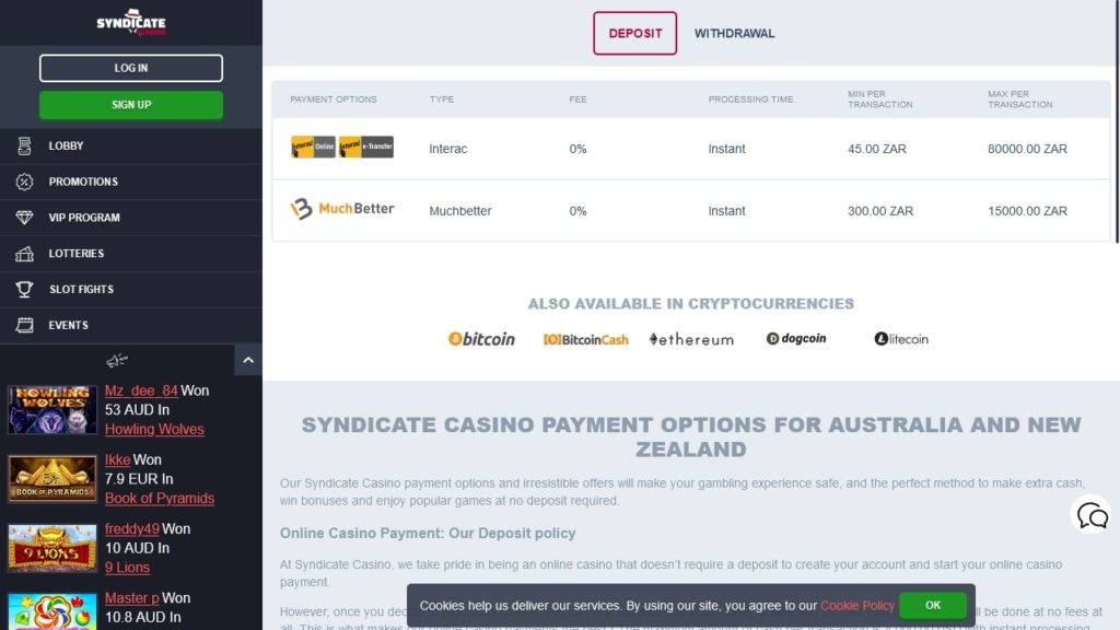 Syndicate Casino Payment Options.