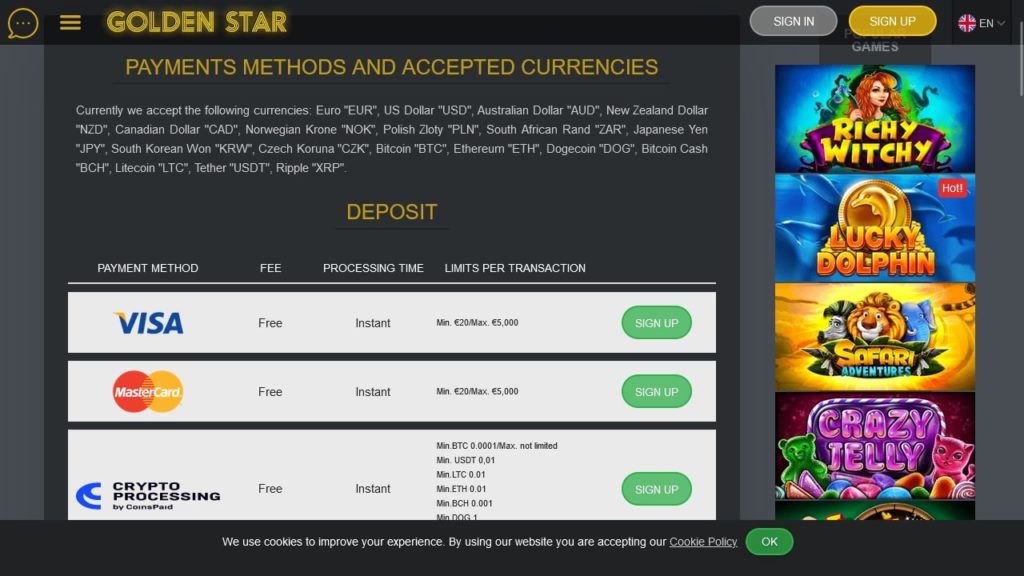 Golden Star Casino Payment Methods.