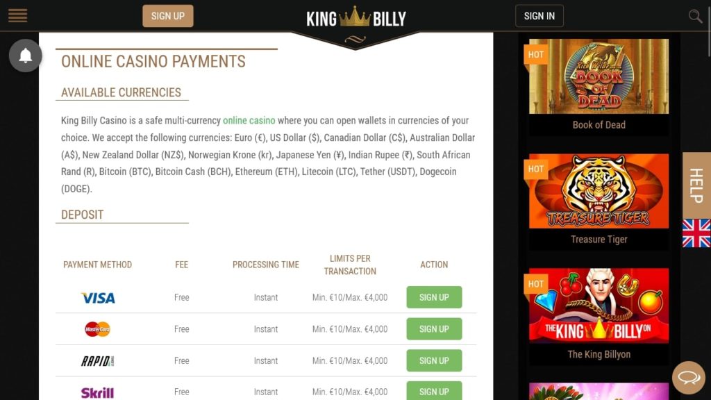 King Billy Casino Payment Methods.
