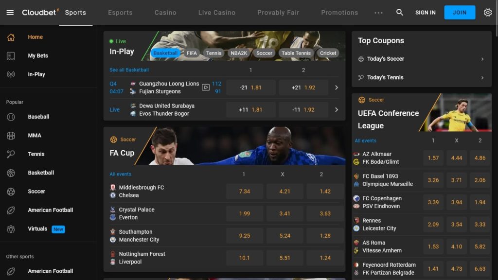 Cloudbet Sports Betting Section.