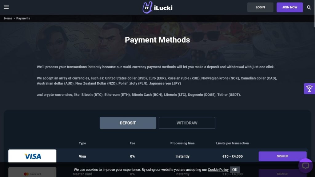 iLUCKI Casino Payment Methods.
