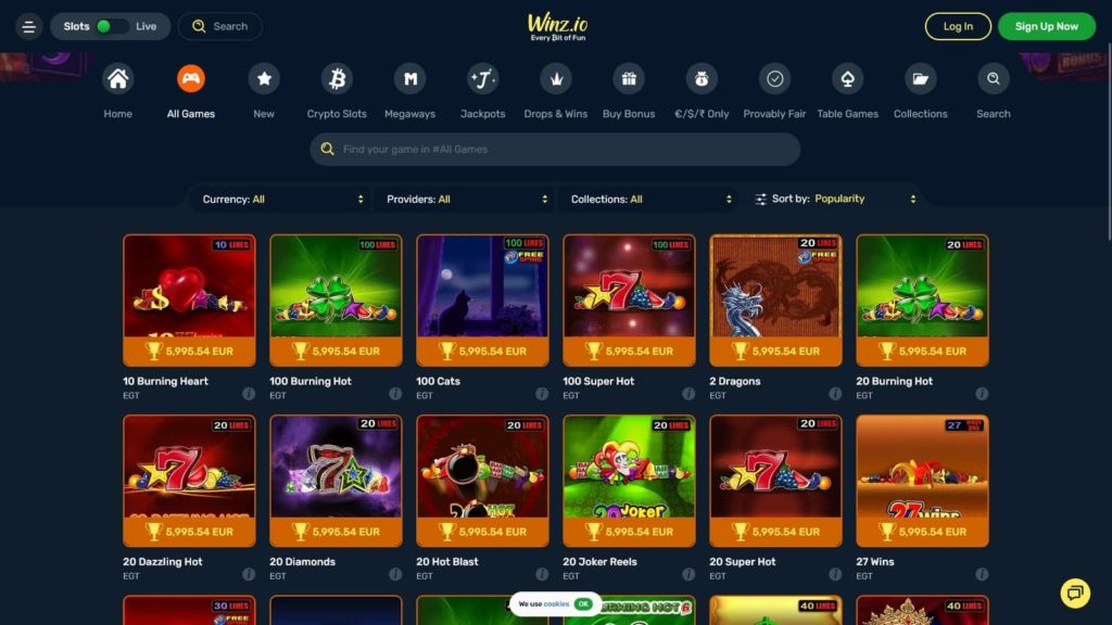 Winz Casino games.