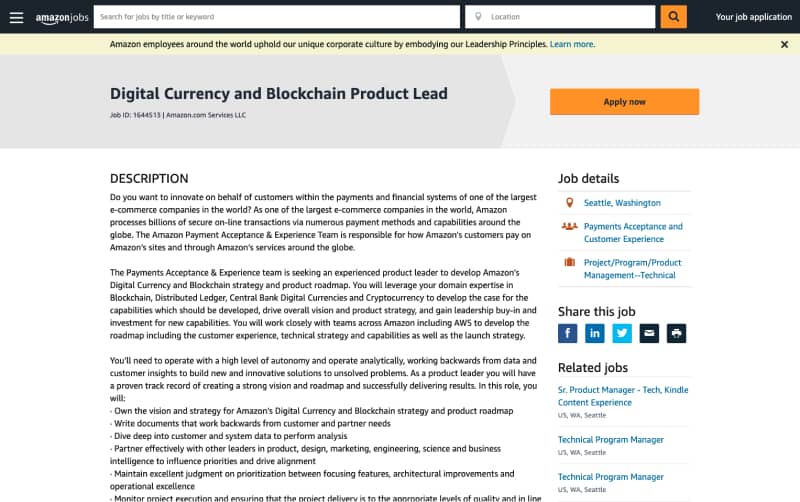 amazon digital currency and blockchain product lead