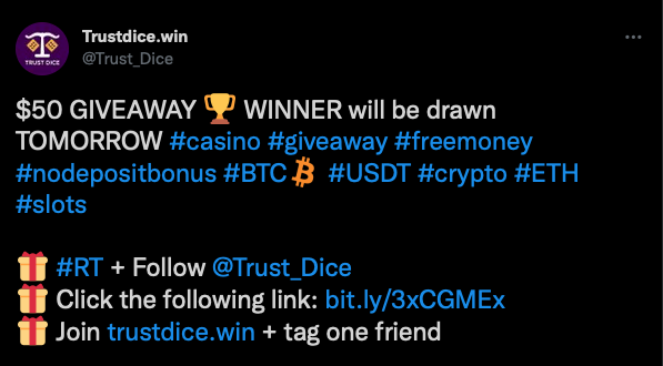 TrustDice casino tweet