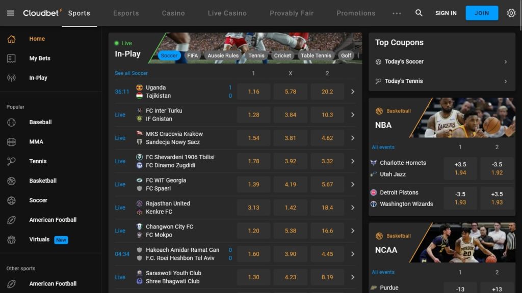 Cloudbet's Sportsbook Section.