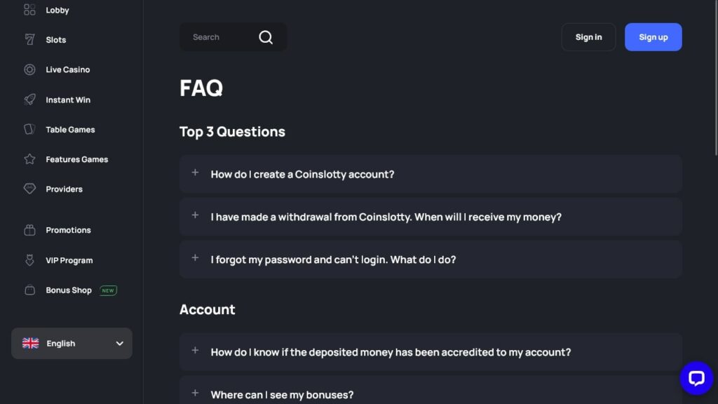 Coinslotty Casino FAQs.