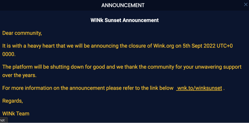 Wink casino closing down annoucement