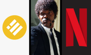 Binance USD logo, Netflix logo, and a scene from Pulp Fiction