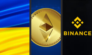 Ukraine flag, Ethereum coin, and Binance logo