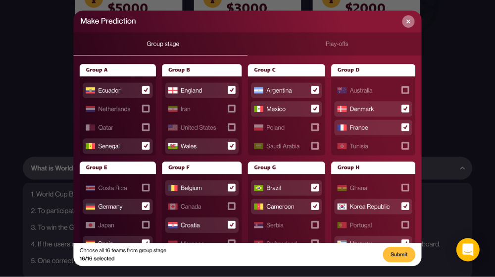 Group for the world cup in qatar with checkboxes to select which team you predict will progress