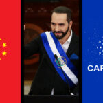 China flag, Nayib Bukele, and Cardano logo