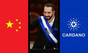 China flag, Nayib Bukele, and Cardano logo