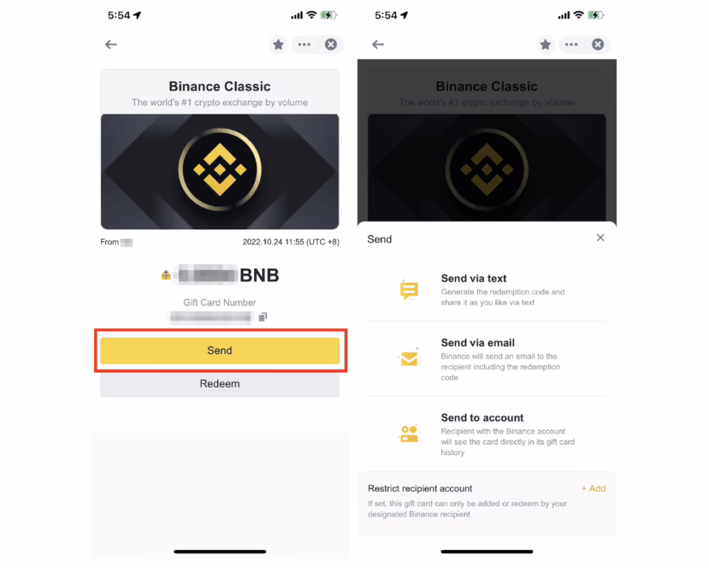 Mobile screenshot showing an example of how the Binance gift card looks