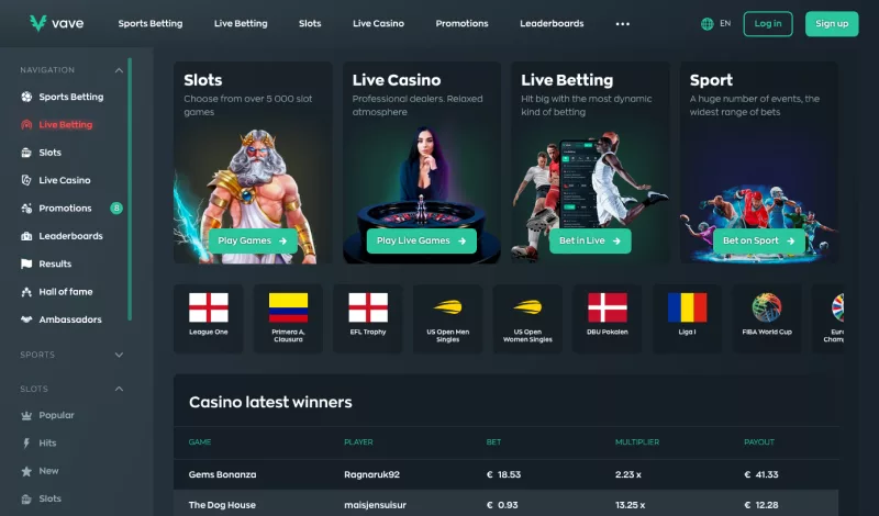 Vave homepage featuring links to their casino and sports betting