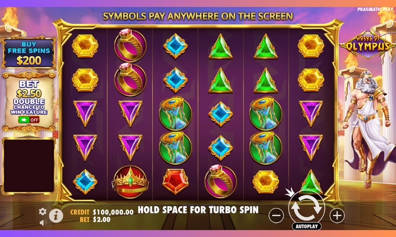 Gate of Olympus" slot machine showing mythological god, with colorful designs and thematic elements