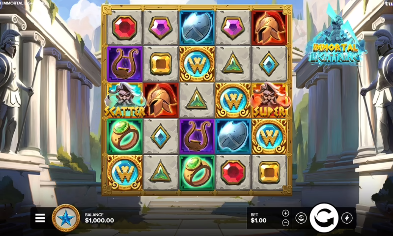 A slot machine titled "Immortal Lightning" displays various colorful symbols on its spinning reels.