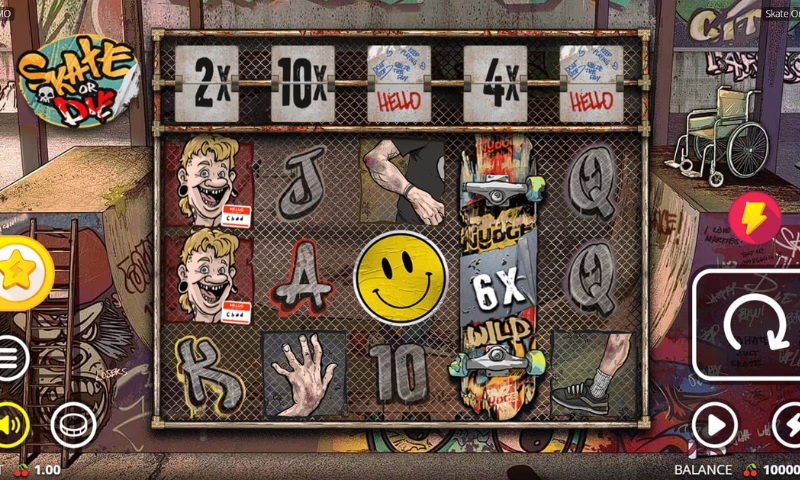 A graffiti-covered slot machine titled "Skate or Die," featuring vibrant street art and urban designs.