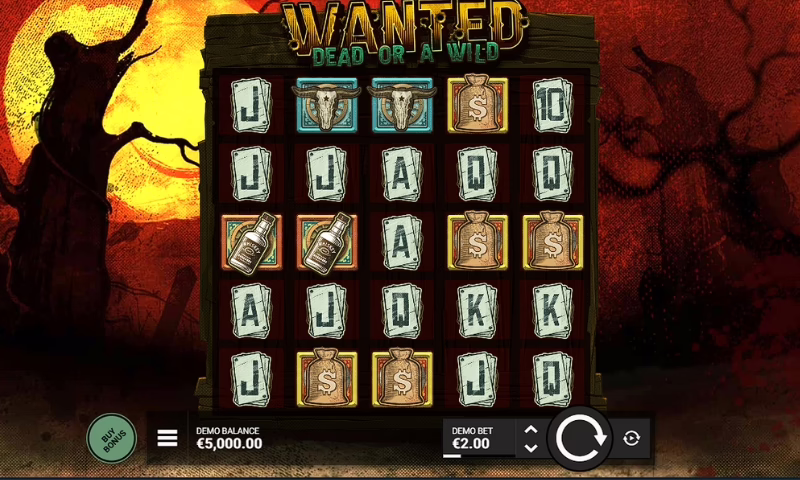 "Wanted Dead or a Wild" slot machine displayed, showing its design and western motifs.