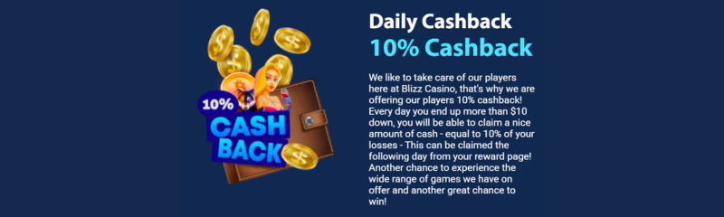 Blizz Casino Daily Cashback Bonus: Up to 10%