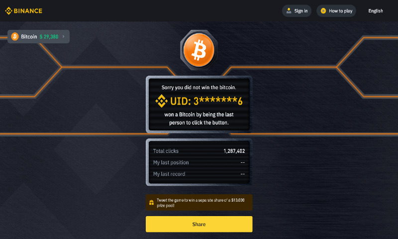 Someone Just Won 1 BTC in the Binance Bitcoin Button Game in 2023