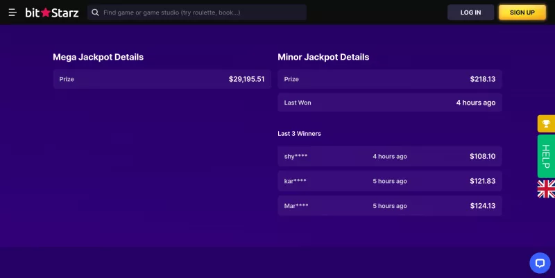 Screenshot of BitStarz's Jackpotz Mania jackpot details