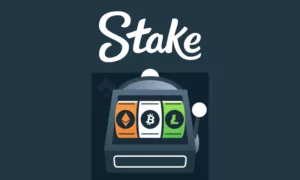 Stake logo with a slot machine below