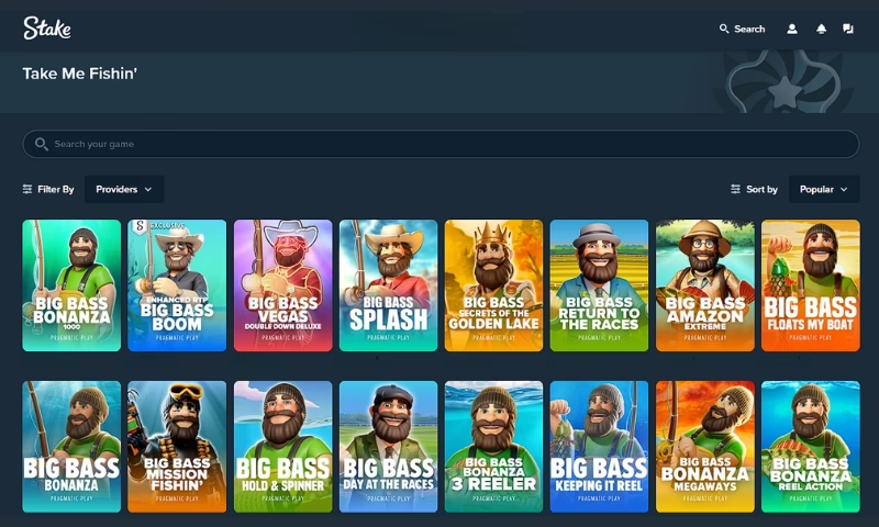 The Stake website on the participating games in the Take me Fishin' promotion.