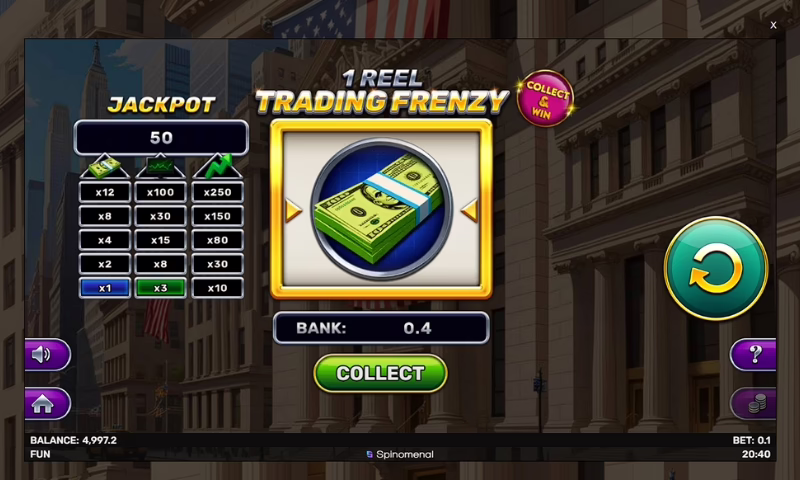 The slot interface of 1 frenzy trade reel on Tower. Bet Casino.
