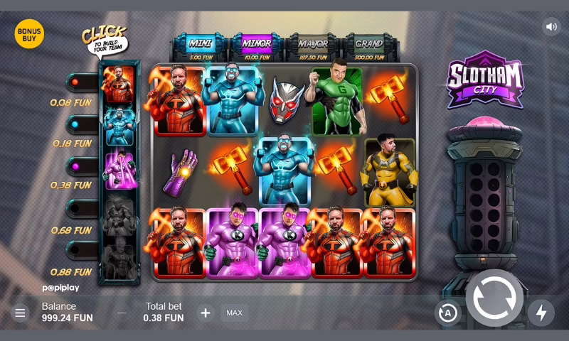 The slot interface of Slotham City at Shuffle Casino.