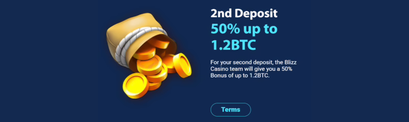 Blizz Casino Second Deposit Bonus: 50% up to 1.2 BTC