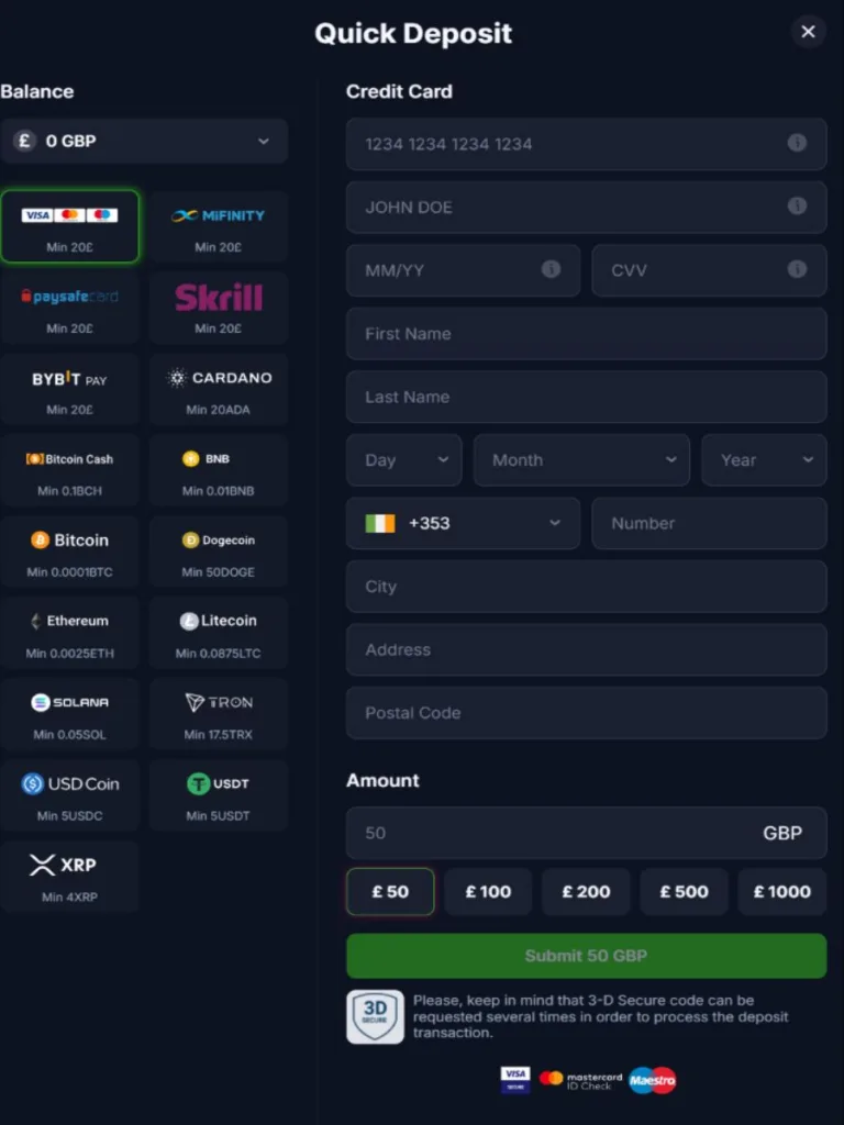 Fiat card form bets.io