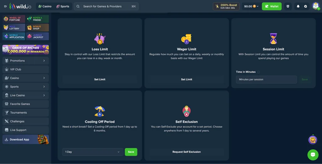 Loss and wager limit options on Wild.io