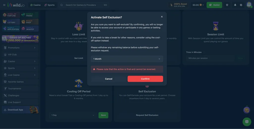 Self-exclusion on Wild.io