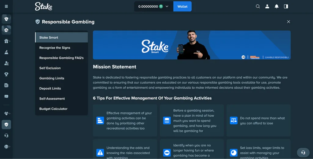 Stake's responsible gambling section