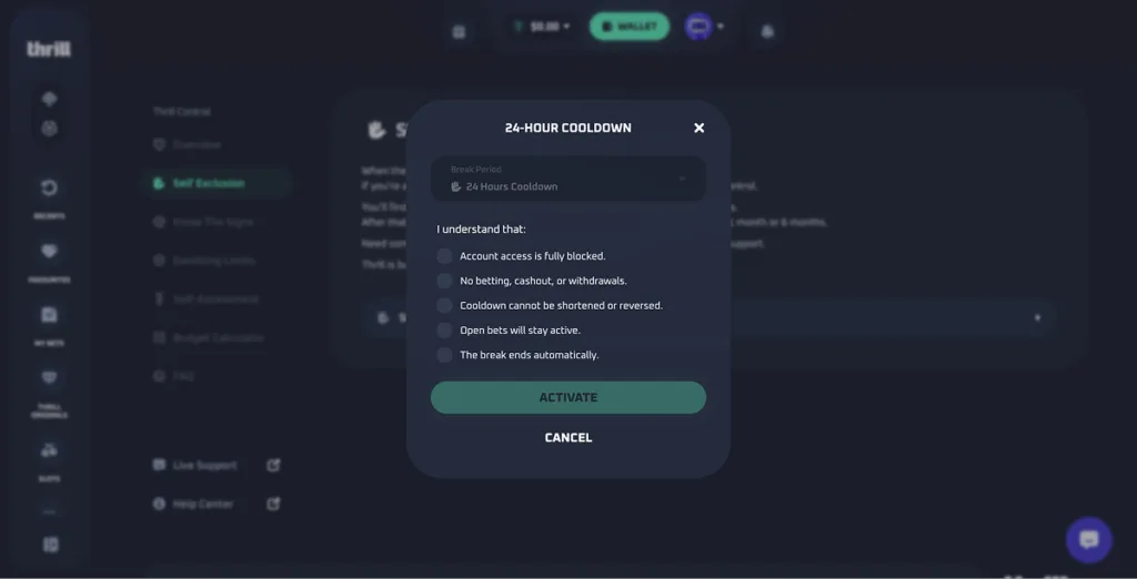 Thrill.com 24 hour cooldown option